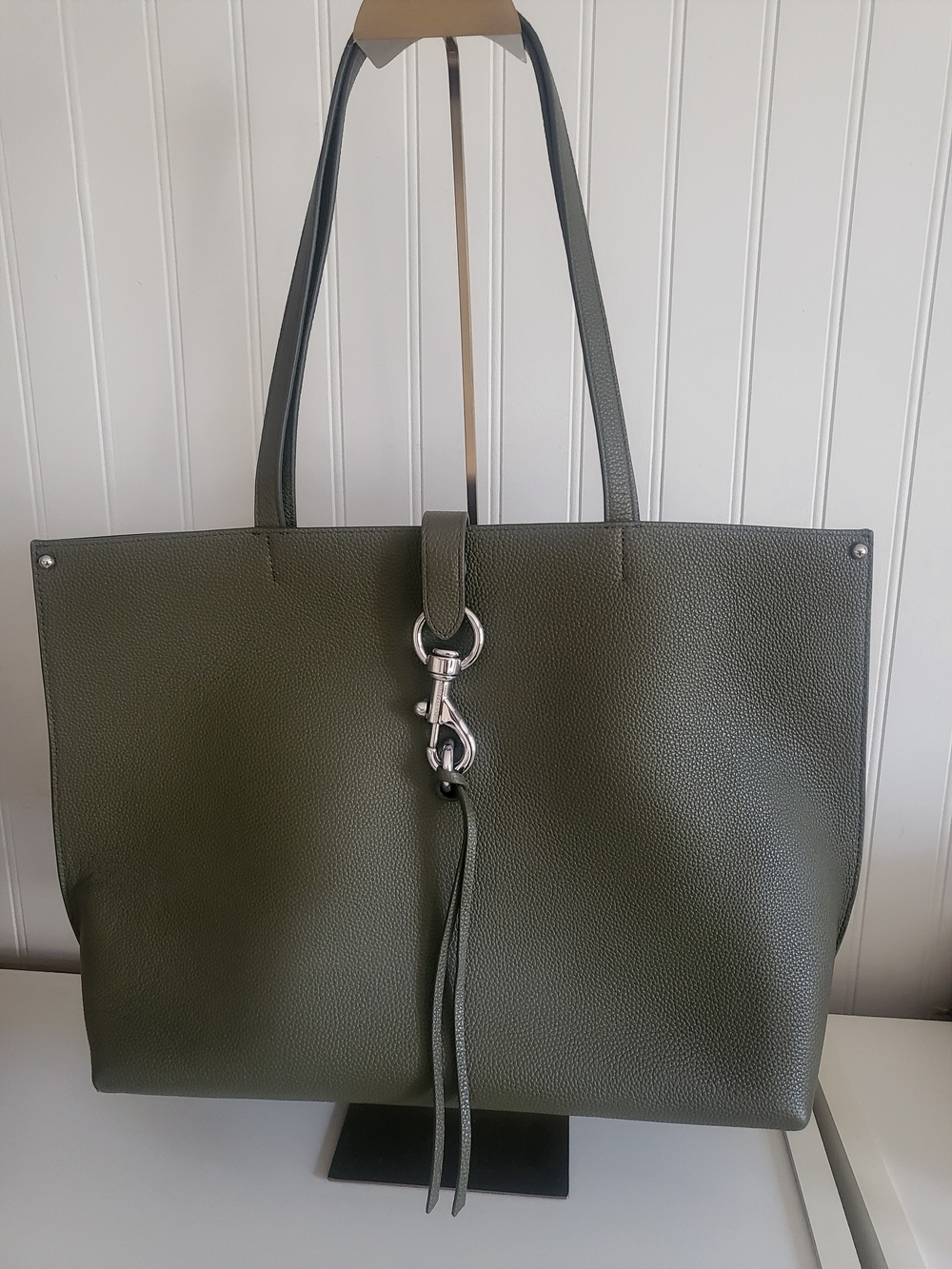 Olive Green Leather Tote Bag with Silver Hardware